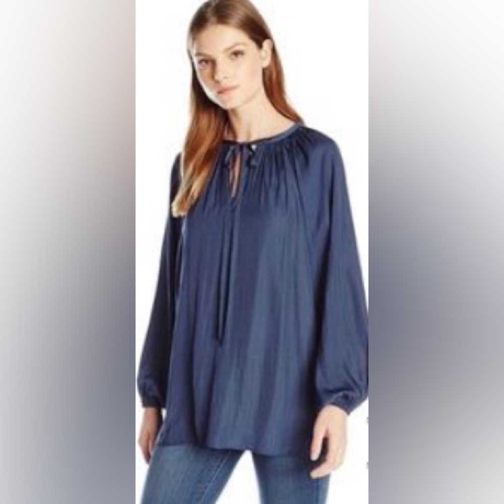 Miracle Body  navy blue long sleeves loose neck tie work formal summer blouse